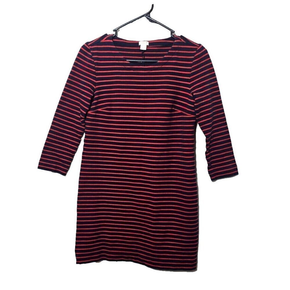 J Crew Mini Dress XXS Red Black Stripes 3/4 Sleeve Stretch Casual Basics Comfort